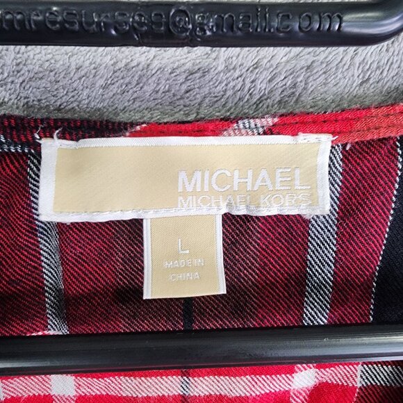 Womens Michael Kors Red & Black Plaid Blouse V-Neck Long Sleeve Size L - Picture 3 of 8